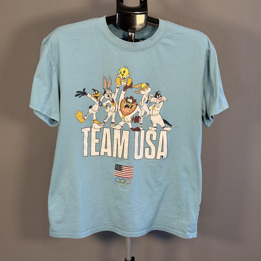 Looney Tunes Team USA Shirt Mens Large Blue Olympic Rings Graphic Tee Bugs Bunny